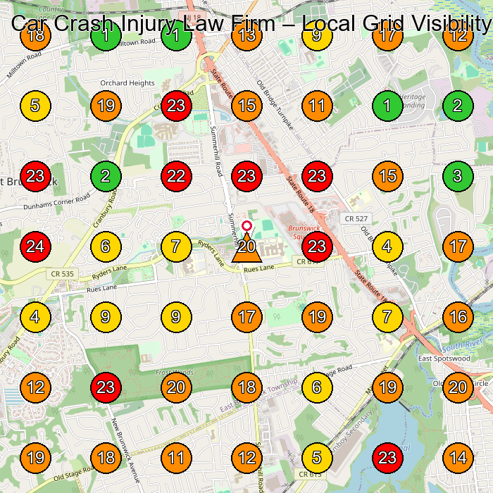 Car Crash Injury Law Firm Personal Injury Attorney GeoGrid ranking map for East Brunswick NJ